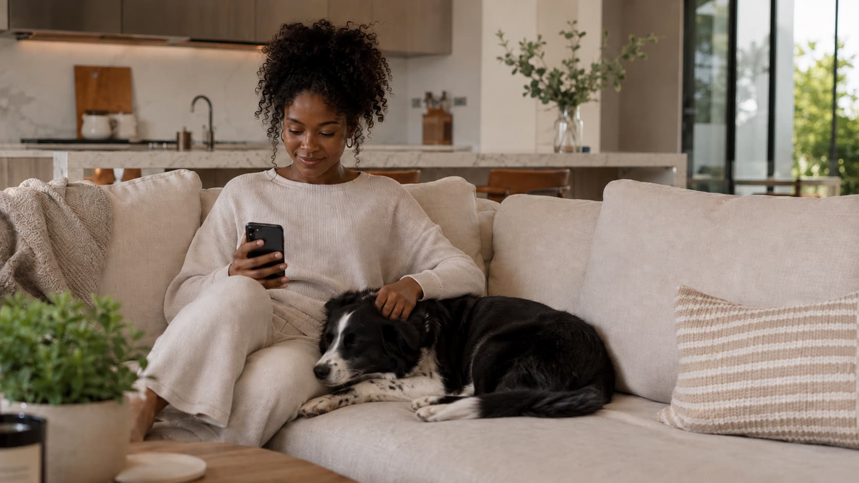 A woman sitting on a sofa with her dog, looking at her phone.