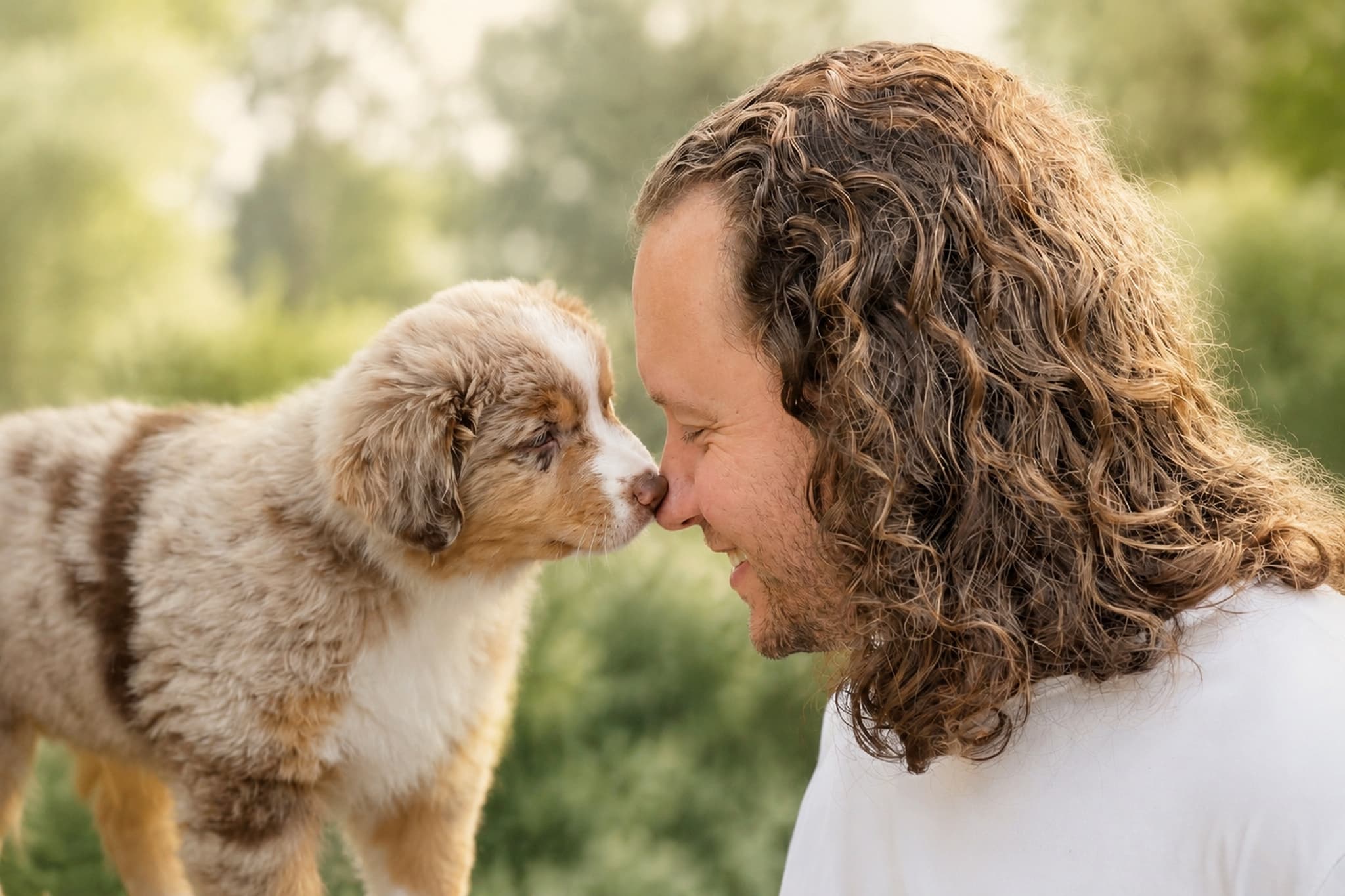 A man and a puppy touching noses in a garden.